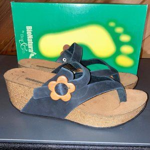 New BioNatura Black Sandals with Flower Detail Size 10 (Box 80)